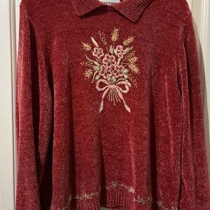Alfred Dunner Embroidered Floral Red Sweater